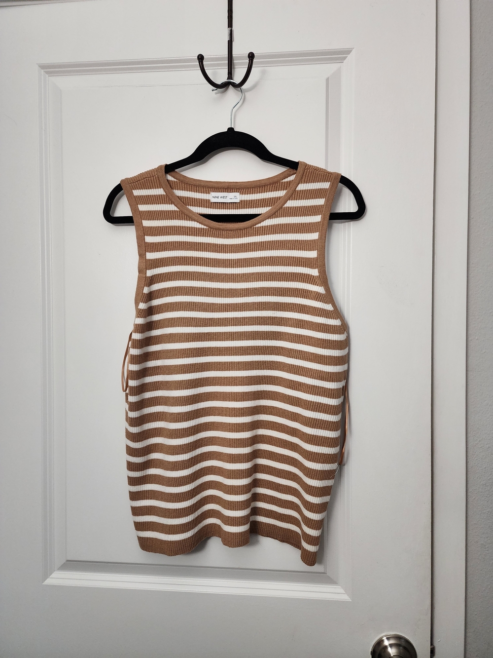 Nine West Tan and White Striped Sleeveless Knit Top
